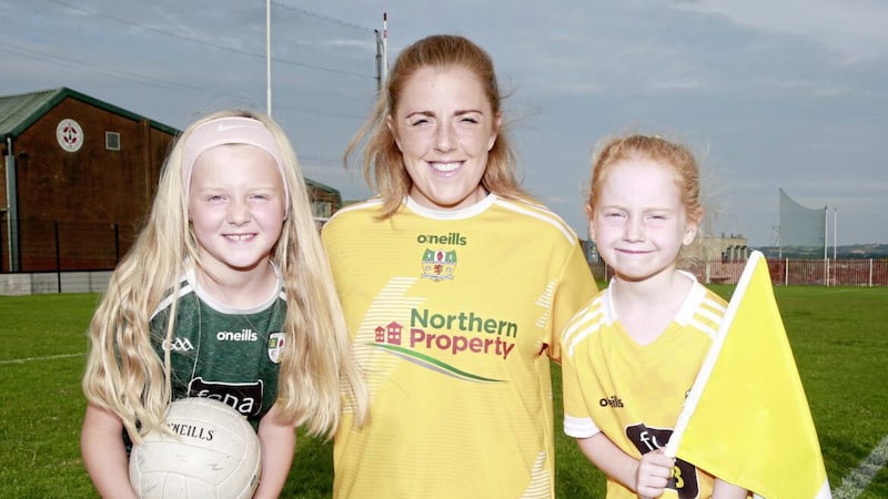 Antrim captain Cathy Carey with Shanna McLaughlin and Alex Cole at the Antrim LGFA Press night at St Paul&#39;s, Belfast Picture: Philip Walsh. 