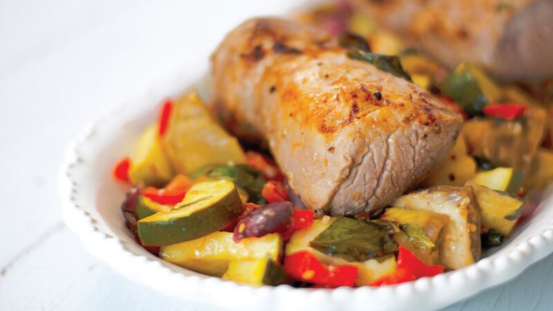 Italian pork loin and roasted vegetables, all made in an air fryer