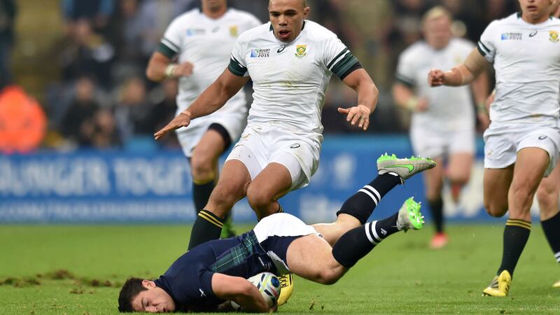 Scotland's Sam Hidalgo-Clyne claims a loose ball ahead of South Africa's Bryan Habana during Saturday's World Cup match at St James' Park<br />Picture: PA&nbsp;