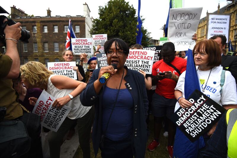 Shadow home secretary Diane Abbott addresses protesters outside the Houses of Parliament 