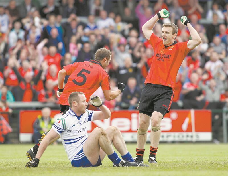 Darren O'Hagan wheels away in celebration after scoring Down's winning point in the 2012 Ulster SFC semi-final victory over Monaghan