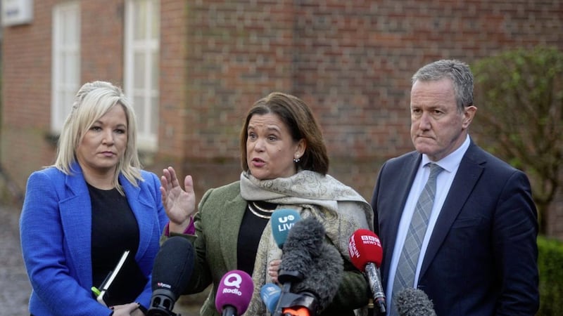 Sinn Fein&#39;s Michelle O&#39;Neill, Mary Lou McDonald and Conor Murphy. Picture by Mark Marlow 
