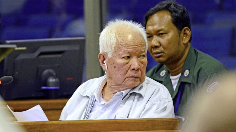 Khieu Samphan, former Khmer Rouge sead of state, sits in court during the UN-backed war crimes tribunal in Phnom Penh, Cambodia PICTURE: AP Khieu Samphan, Khmer Rouge, Phnom Penh, Cambodia, Vietnam 