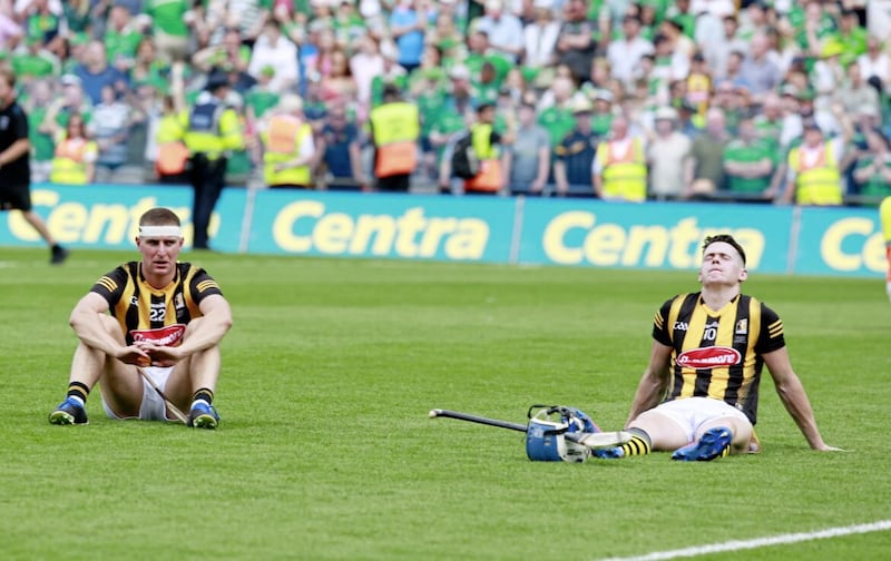 Kilkenny&#39;s Alan Murphy and Conor Brown at the end of last year&#39;s final. Pic Philip Walsh 