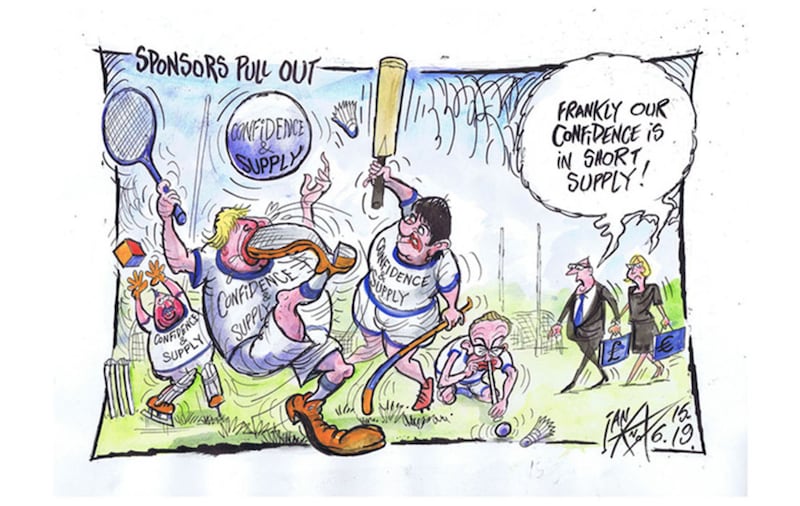 Ian Knox cartoon 15/6/19: Drinks giant Diageo ends its sponsorship of the London Irish rugby team over its signing of former Ulster star Paddy Jackson. Pundits wonder if the Tory/DUP confidence and supply arrangement can survive if Boris becomes leader &nbsp;