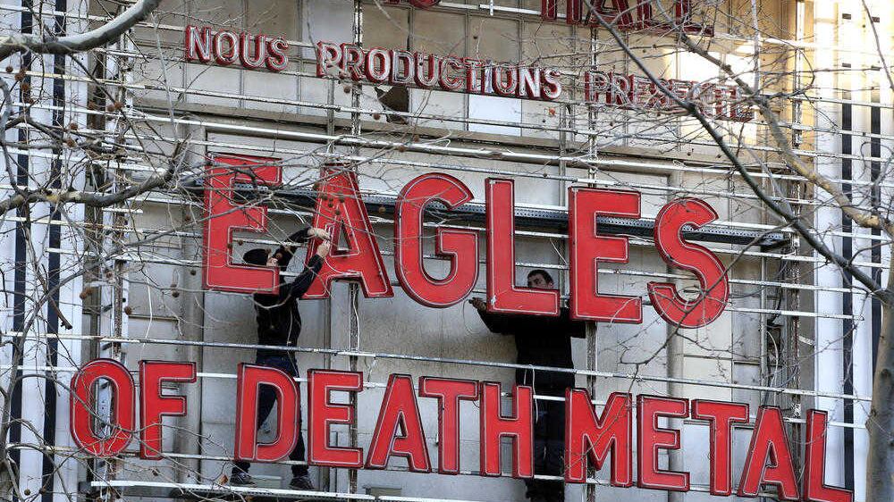 Workers set up ahead of last night&#39;s concert by Eagles of Death Metal, at the Olympia music hall, in Paris 
