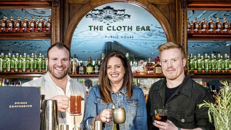 Pictured at The Cloth Ear bar are: Gavin Carroll, general manager, The Merchant Hotel; Sorcha Wolsey, operations director, Beannchor; and Conall Wolsey, director, Beannchor. 
