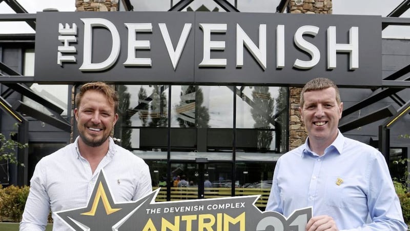 Managing Director of The Devenish Jim Conlan (left) at the inaugural launch of the The Devenish Antrim GAA Club Allstars with county chairman Ciaran McCavana. The Gala evening to celebrate the best club players in Antrim will take place on Saturday November 27 