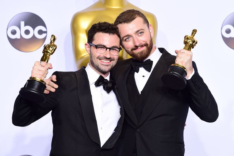 Sam Smith (right) and Jimmy Napes (left) with the Academy Awards for Best Original Song