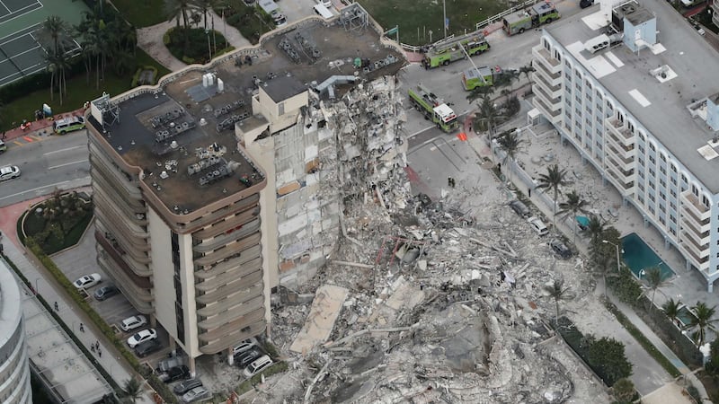 This aerial photo shows part of the 12-story oceanfront Champlain Towers South Condo that collapsed early Thursday, June 24, 2021 in Surfside, Florida (Amy Beth Bennett /South Florida Sun-Sentinel via AP)&nbsp;