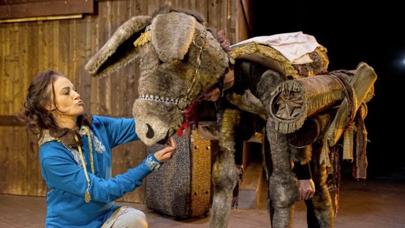 Kerry Quinn (Mary) tries to reason with her donkey at the Lyric Theatre&#39;s The Nativity: What the Donkey Saw 