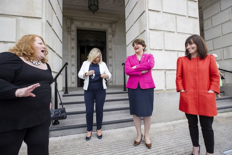 &nbsp;NI Justice Minister Naomi Long, Deputy First Minister Michelle O'Neill, First Minister Arlene Foster, and NI Minister of Infrastructure Nichola Mallon on the steps of Stormont before a photocall.