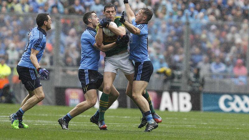 Dublin's Brian Fenton and Paul Flynn close down Kerry's Anthony Maher during the All-Ireland Senior Football Championship final at Croke Park last Sunday Picture: Colm O'Reilly