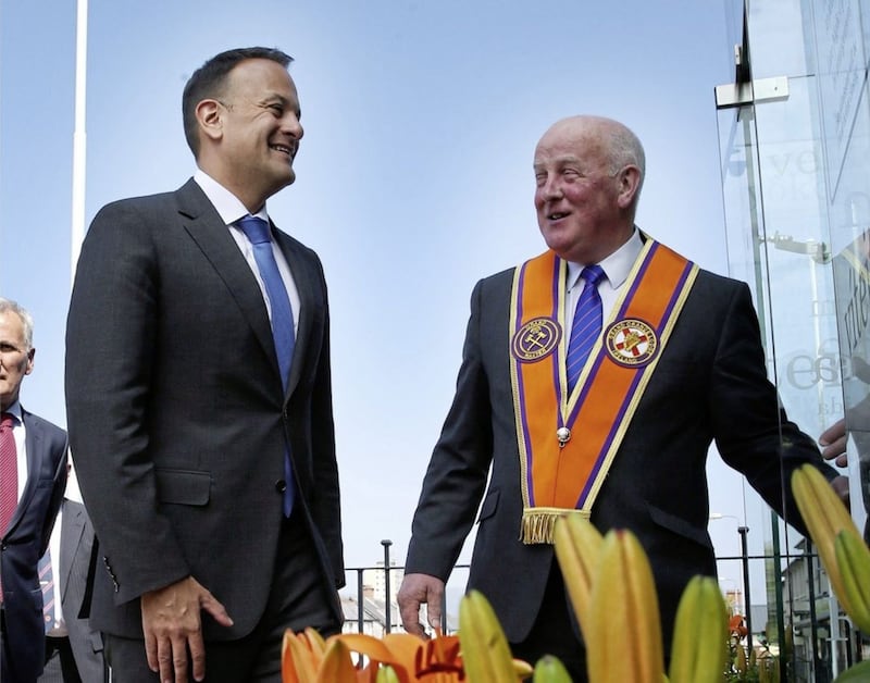 Taoiseach Leo Varadkar with Orange Order Grand Master Edward Stevenson in Belfast last year. Picture by Hugh Russell 