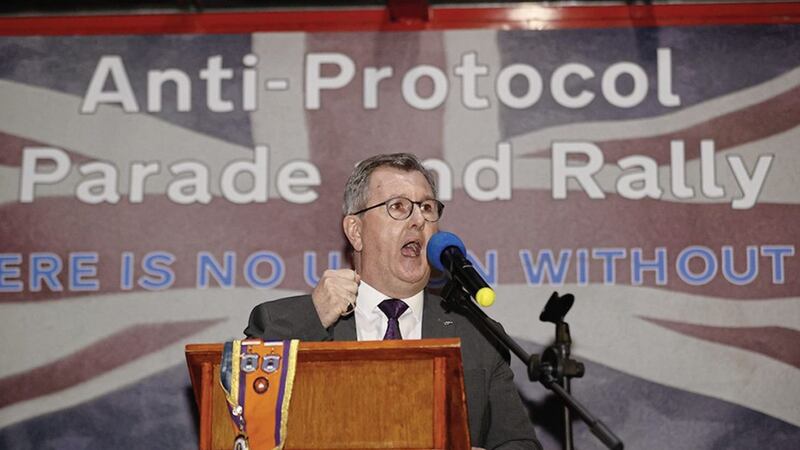 DUP leader Jeffrey Donaldson speaking during an anti-Northern Ireland Protocol rally in Ballymoney, Co Antrim. Photo: Liam McBurney/PA Wire 