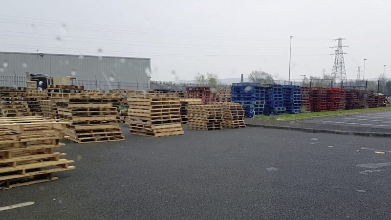 Hundreds of wooden pallets at Avoniel Leisure Centre&#39;s car park, three months ahead of Eleventh Night PICTURES: PA 