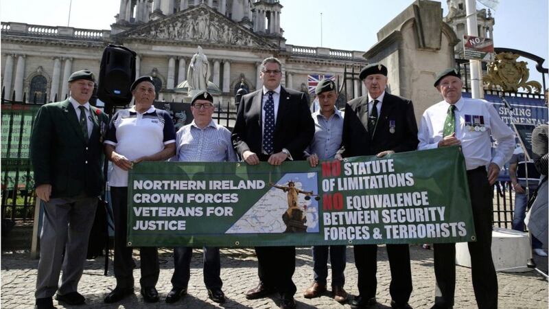 DUP MP Gavin Robinson joins protesters at a rally at Belfast City Hall against the prosecution of British Army veterans. Picture by Hugh Russell