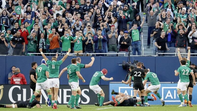 Ireland's players celebrate during November's famous win over New Zealand in Chicago.&nbsp;Picture by AP