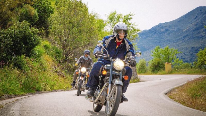 Northern Ireland travel writer Geoff Hill leads the pack on a Lee Enfield retro-motorcycle trip in Andalucia 