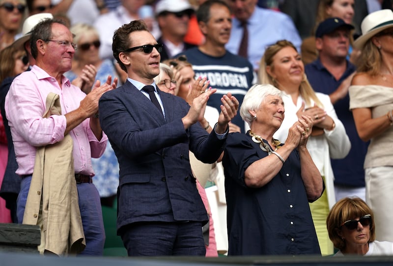 Tom Hiddleston and his mother Diana Patricia Hiddleston on day eight of the 2023 Wimbledon Championships