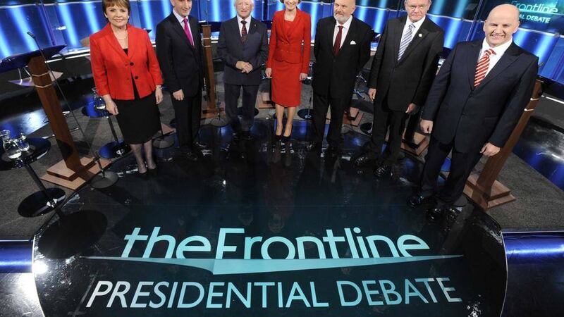 The Frontline presidential debate. From left, Dana Rosemary Scallon, Gay Mitchell, Michael D Higgins, Mary Davis, David Norris, Martin McGuinness and Sean Gallagher