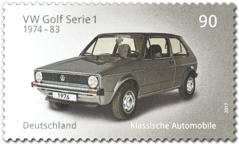 A photo of a German postage stamp featuring an image of a Volkswagen Golf Mk1