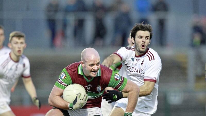 Slaughtneil&#39;s Karl McKaigue with Paul Daly of Eoghan Rua during their drawn quarter-final match last weekend. The sides meet again in the replay tonight. Picture by Margaret McLaughlin 