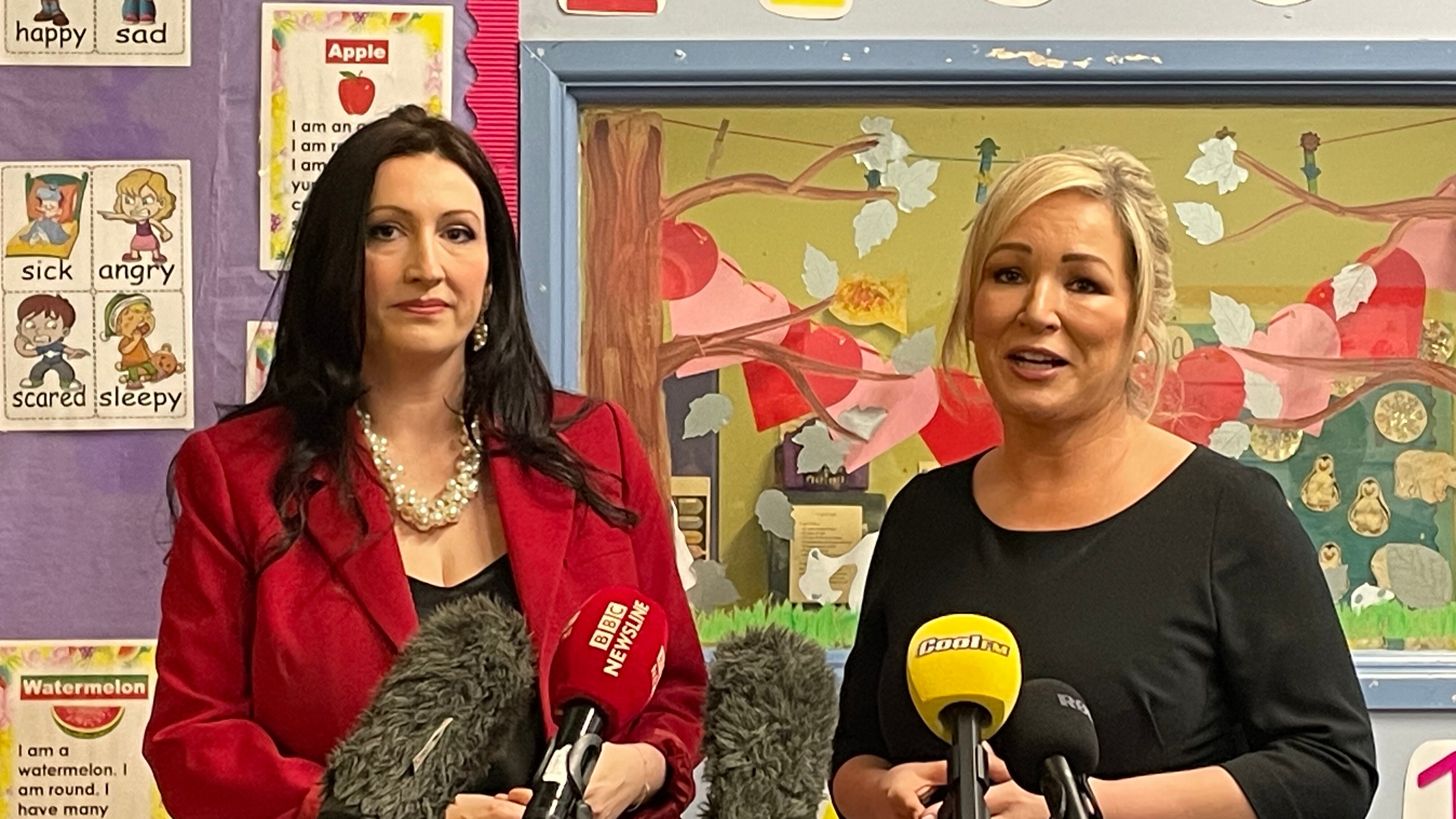 Stormont deputy First Minister Emma Little-Pengelly (left) and First Minister Michelle O’Neill (right) speak to media during a visit to the Shankill Women’s Centre in Belfast.