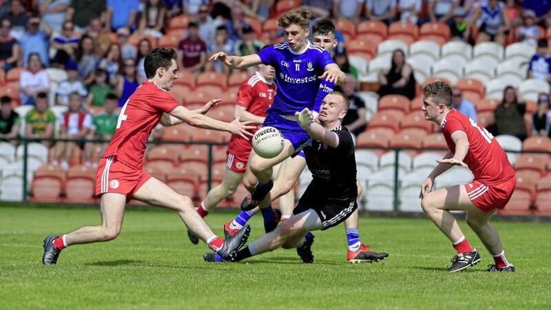 Tyrone&#39;s Fintan Coney and Seamus Sweeney and and Monaghan&#39;s Karl Gallagher in action during last year&#39;s Ulster MFC final between Tyrone and Monaghan. Picture by Philip Walsh. 