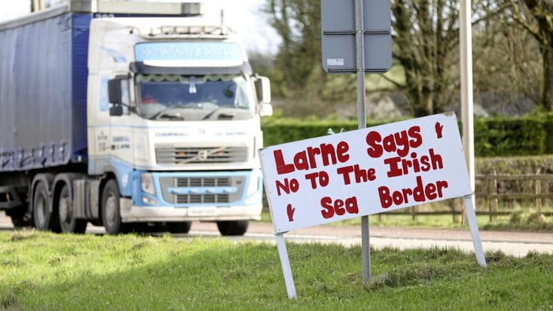 A sign on the main road on the approach to Larne protesting against the Irish Sea border imposed by Brexit. Picture by Stephen Davison 