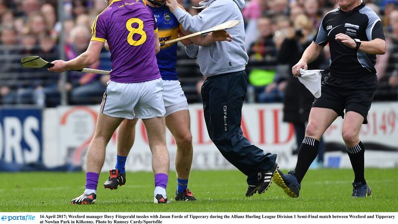 Wexford manager Davy Fitzgerald received an eight-week suspension for tangling with Tipperary&rsquo;s Jason Forde during their NHL semi-final at Nowlan Park. Picture by Sportsfile&nbsp;