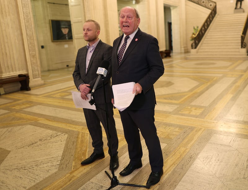TUV leader Jim Allister and loyalist blogger Jamie Bryson pictured in Parliament Buildings at Stormont presenting a legal document about the return on the Northern Ireland Assembly.  The DUP decided to return to Stormont after anti year boycott in relation to the Northern Ireland Protocol which was put in place as a result of BREXIT. 

The legal advice, which was from former Attorney General John Larkin, was commissioned by Ben Habib, Baroness Hoey, Jim Allister and Jamie Bryson.
PICTURE: COLM LENAGHAN