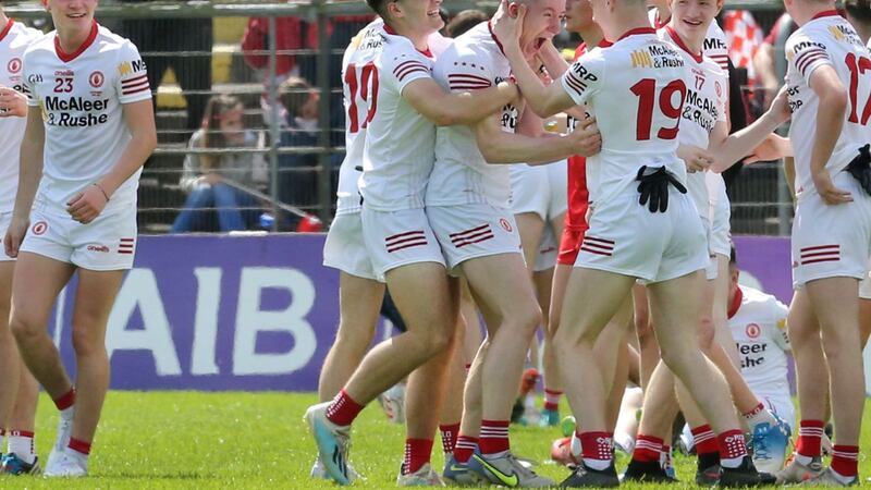 Caolan Donnelly celebrates with his Tyrone team-mates after their win over Derry in the Ulster MFC final at Clones on Sunday <br />Picture: Margaret McLaughlin&nbsp;