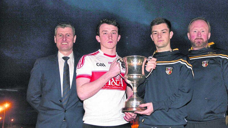 Antrim selector Conor McCann (far left) at Tuesday's launch of the EirGrid Ulster U21 Football Championship along with Derry manager Fergal McCusker (far right), Derry captain Jason Rocks and Donal Walsh of Antrim <br />Picture by Ann McManus