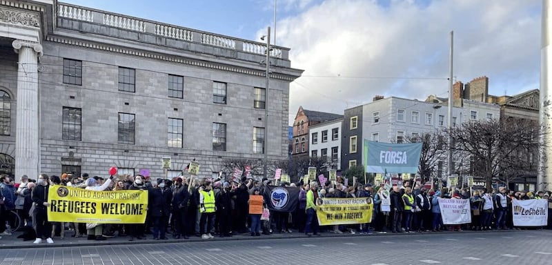 Protestors gather outside Dublin&#39;s GPO on Monday in support of asylum seekers following recent far-right gatherings. Picture from United Against Racism/ Facebook 