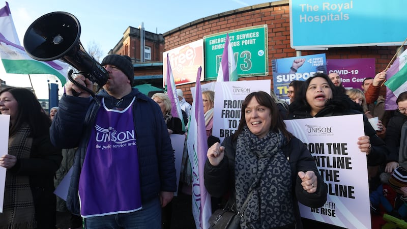 Striking health workers at the Royal Victoria Hospital in Belfast this morning. Picture by Mal McCann