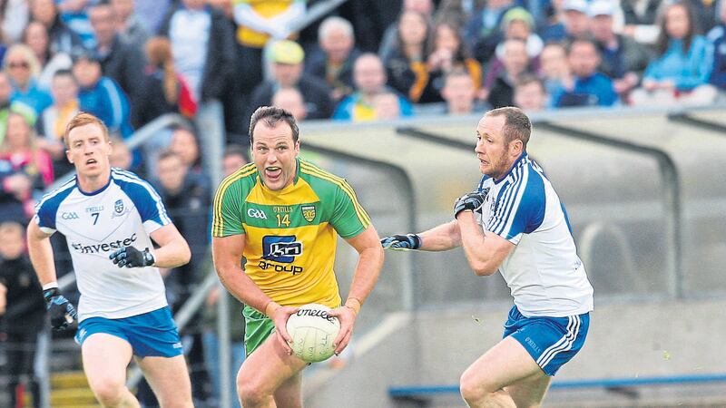 Michael Murphy and Vinny Corey had another terrific battle with the Monaghan man keeping Donegal&rsquo;s talisman under control for the most part<br />Picture by Philip Walsh&nbsp;