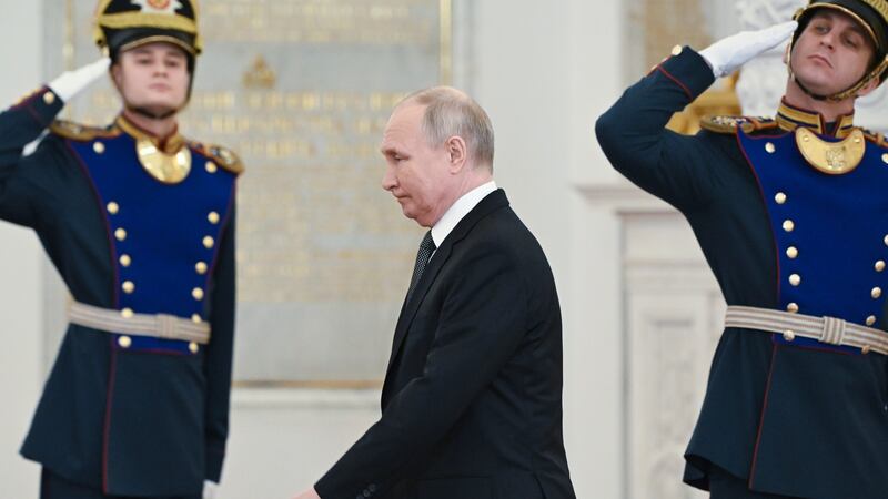 Russian President Vladimir Putin arrives at a ceremony (Sergei Guneyev/AP)