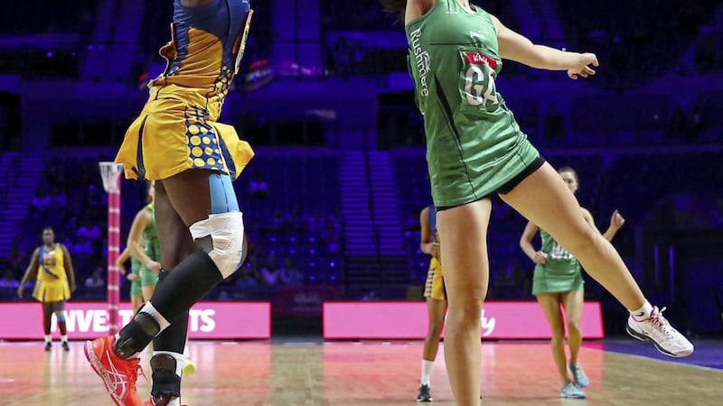 Northern Ireland&#39;s Ciara Crosbie and Barbados&#39; Rhe-Ann Niles-Mapp (left) battle for the ball during Thursday&#39;s Netball World Cup match. Picture by Nigel French, Press Association 