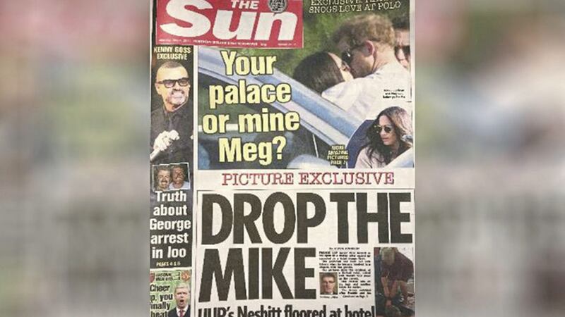 The front page of The Sun showing Mike Nesbitt being pinned to the floor of a Belfast hotel 