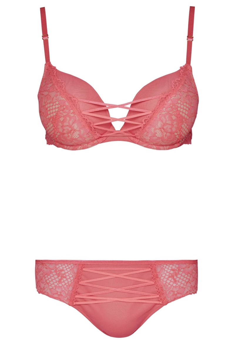 George Entice Pink Corset 2 Sizes Bigger Push Up Bra, &pound;9; Entice Neon Pink Corset Lace Up Brazilian Knickers, &pound;4.50, all from Asda 