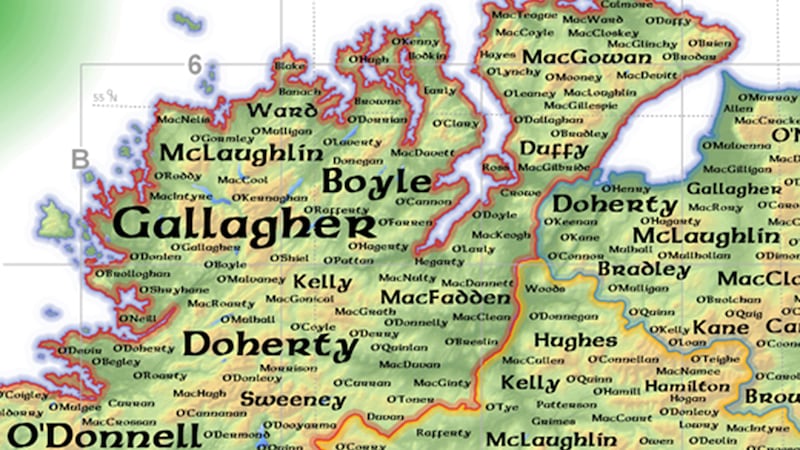 A map of western Ulster showing English translations of Irish surnames