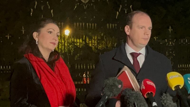 DUP MLA Gordon Lyons with party colleague Emma Little-Pengelly speaking to the media outside Hillsborough Castle after party talks with Government officials on Stormont finances