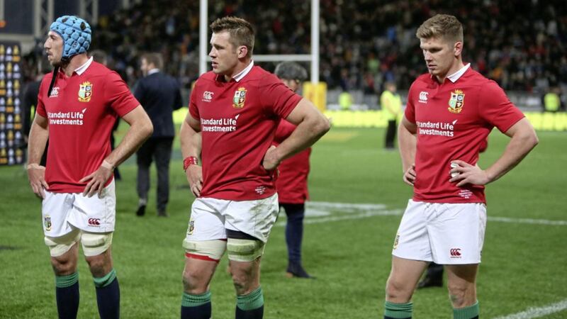 Lions players Justin Tipuric, CJ Stander and Owen Farrell can&#39;t hide the pain after their defeat to the Highlanders in Dunedin yesterday Picture: PA 