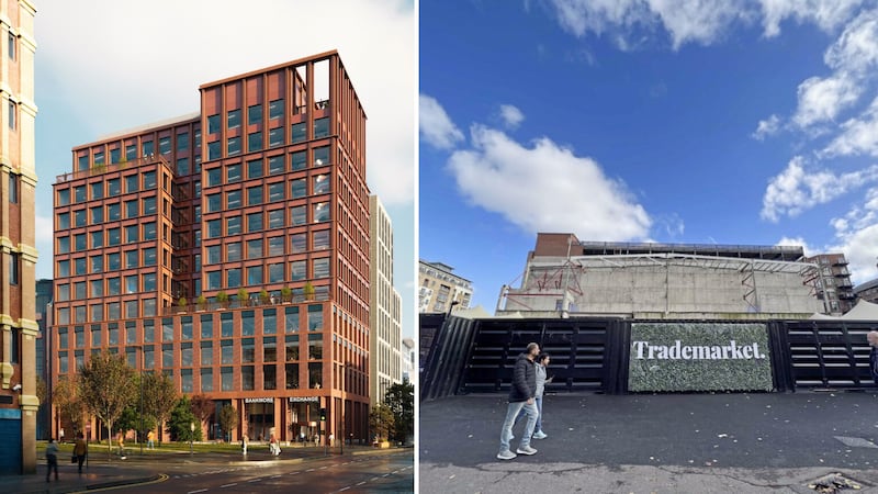 Split image showing an artistic impression of anew 14-storey office development (left). With an image on the right of how it currently looks as the base for Trademarket Belfast.