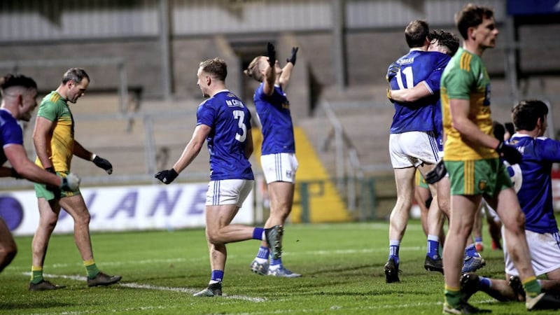 Cavan players celebrate at the final whistle in Sunday&#39;s remarkable Ulster final win over Donegal. Picture by Seamus Loughran 
