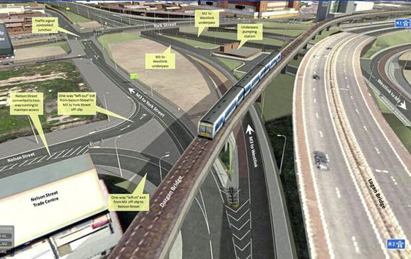 An artist&#39;s impression of the York Street Interchange, where the Westlink, M2 and M3 meet 