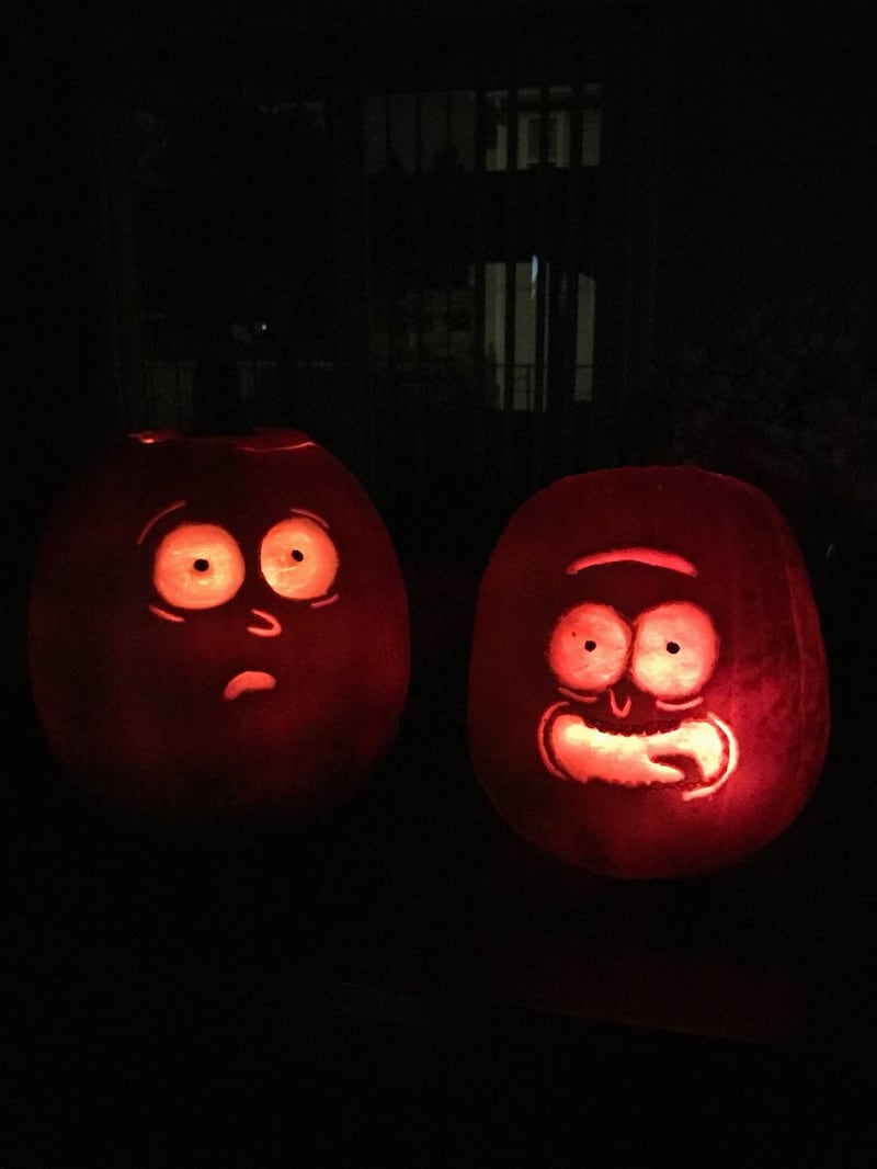 The Rick and Morty pumpkins lit up