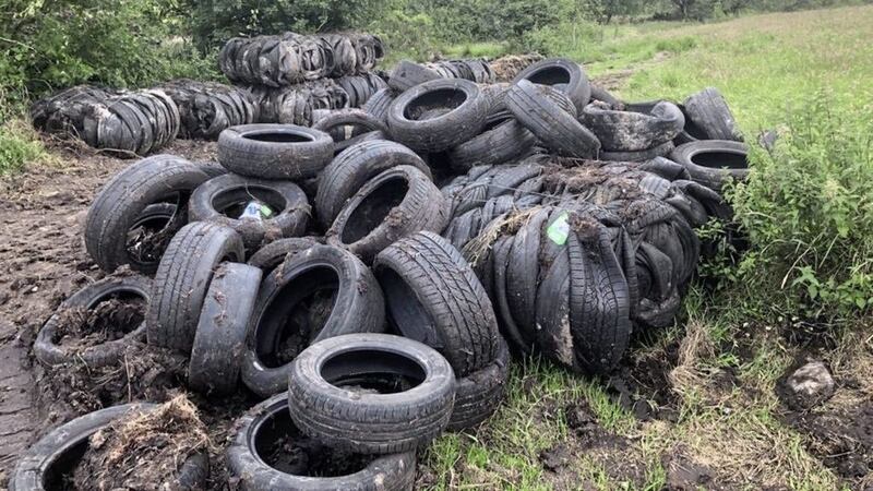 The tyres were dumped in a field outside Pomeroy. Picture from BBC 