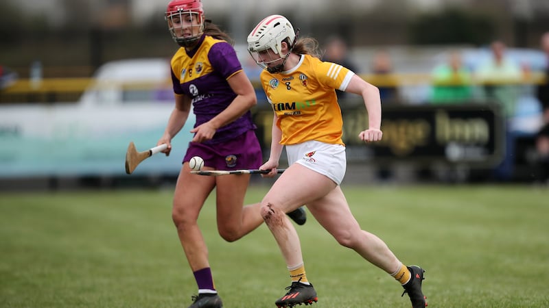 Antrim’s Lucia McNaughton gets away from Sarah O’Connor of Wexford during Sunday's game in Portglenone 	         Picture by Sean Paul McKillop